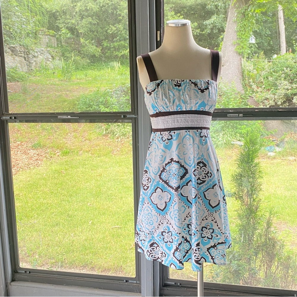 VTG Floral / Tropical Mini Dress Sundress Ruched Bust Empire Waist Lace Trim L